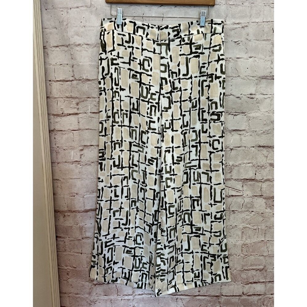 Ann Taylor Wide Leg Crop Pants Lyocell Green Ivory Geometric Print Size 6 NEW